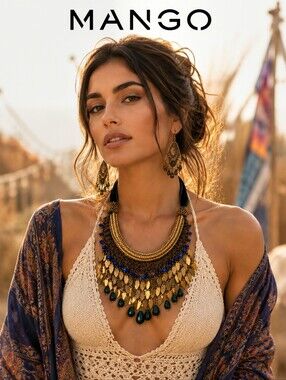 MANGO Statement Bib Necklace Bronze Tone, Blue & Green Beads Boho Luxe Festival